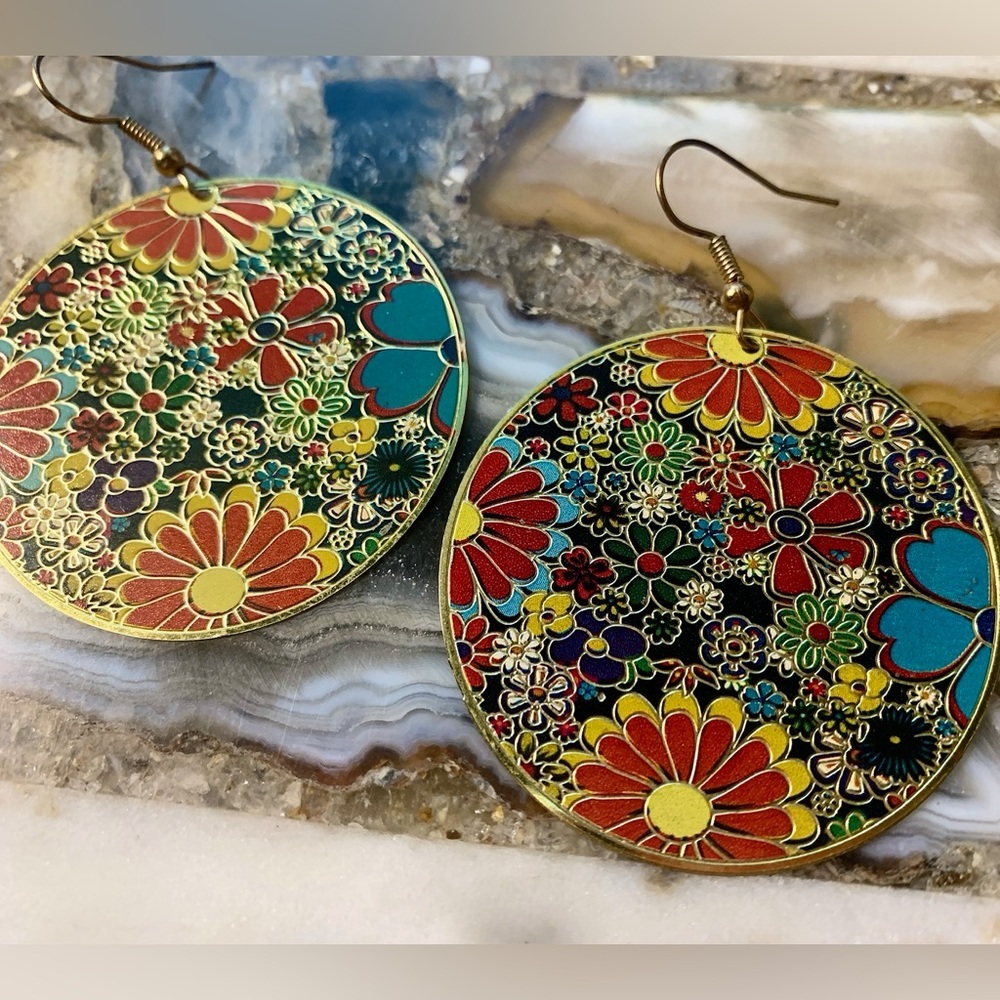 2349 Vibrant Floral Round Disc Earrings